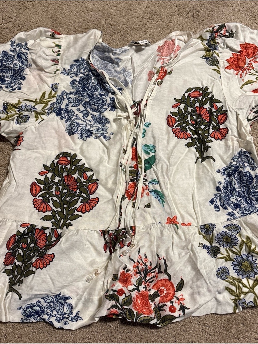 CeCe White Floral Tie-Front Top with Multicolor Blooms